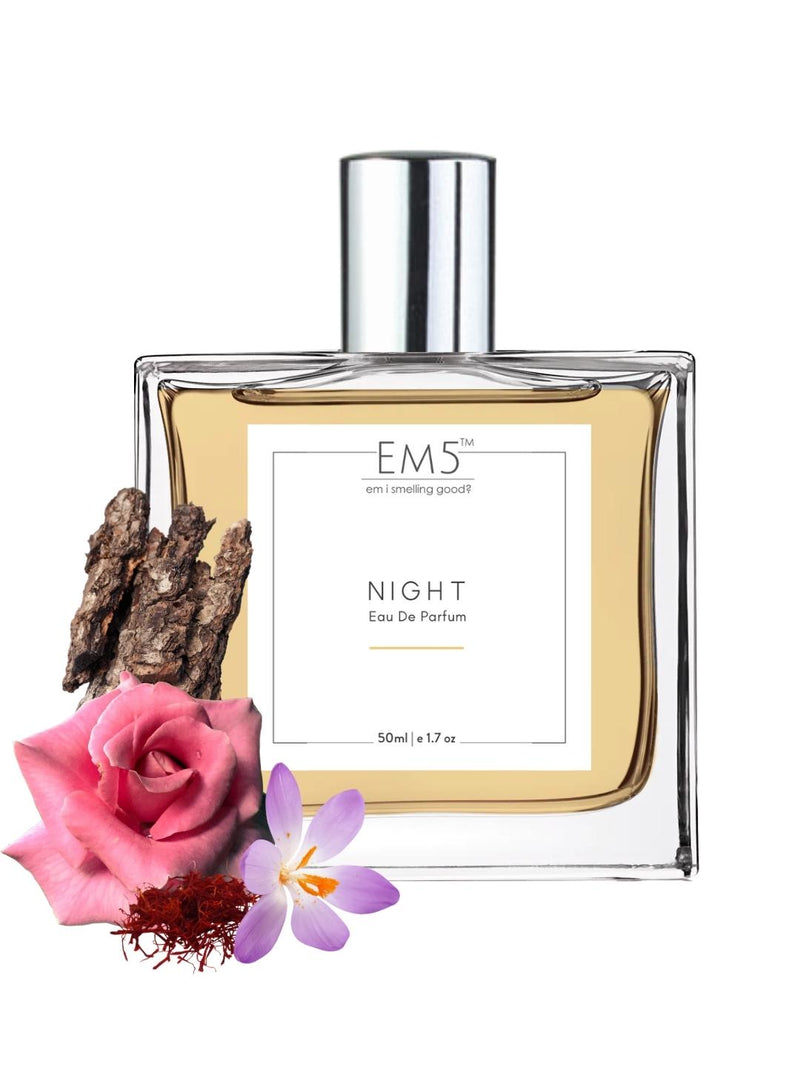 EM5 Night Unisex EDP Perfume 50 Ml 1.7 Fl.oz. | Strong And Long Lasting | Amber Woody Rose | Luxury Gift For Men / Women