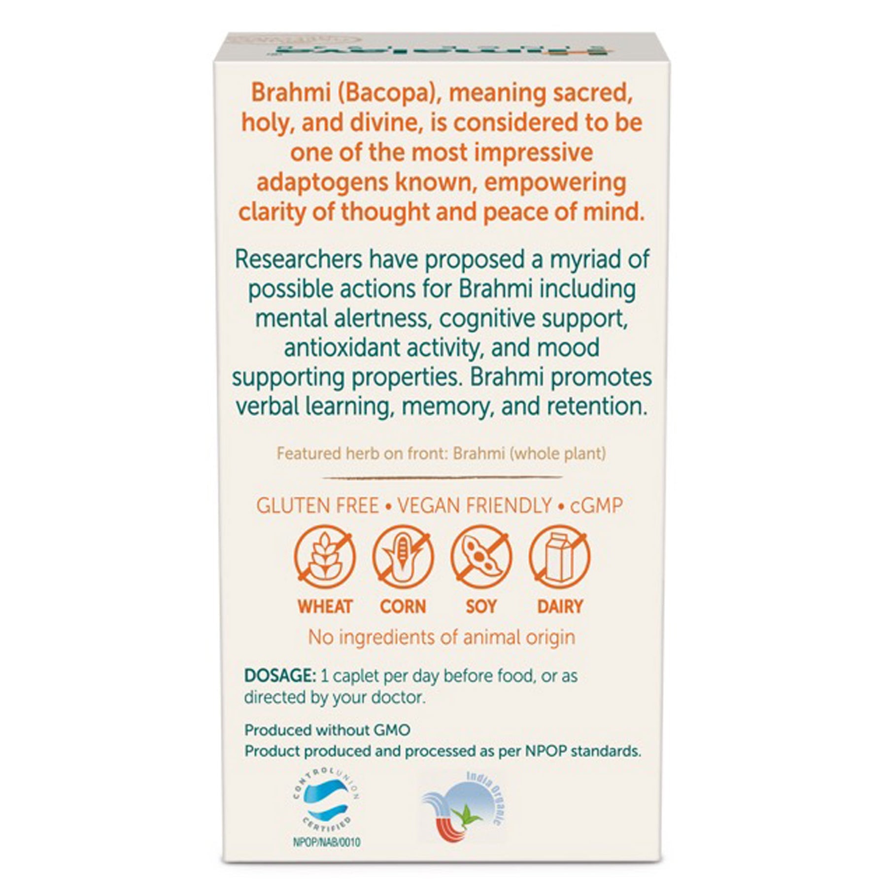 Himalaya Organic Bacopa (Brahmi), For Mental Alertness, Improves Memory Score By 30%, Supports Positive Mood I 100% Natural, 60 Veg Caplets