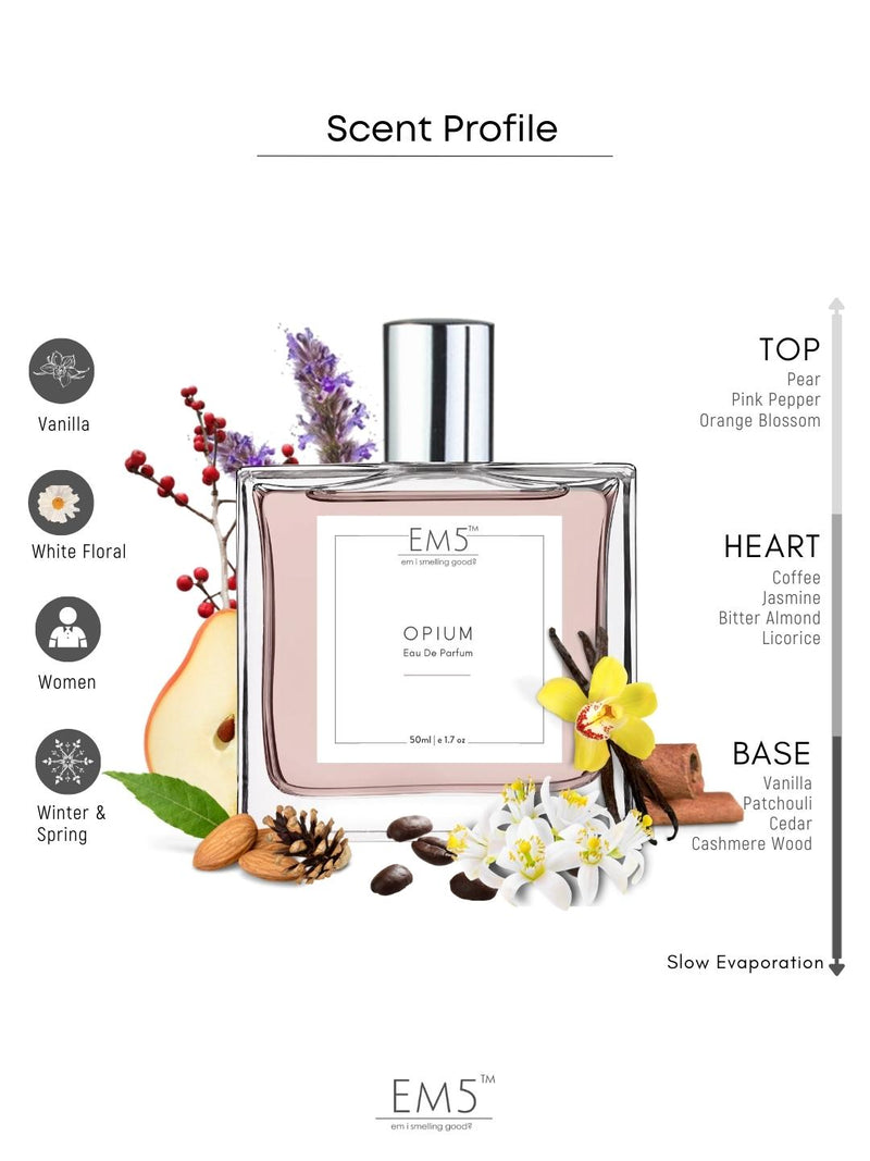 EM5 Opium EDP Perfume For Women 50 Ml 1.6 Fl.oz. | Strong And Long Lasting | Vanilla Coffee White Floral | Luxury Gift For Women