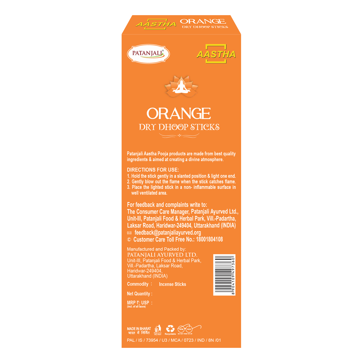 Patanjali Aastha Dry Dhoop Sticks Orange,8 N,With Exquisite, Soothing & Long Lasting Aroma |16gm