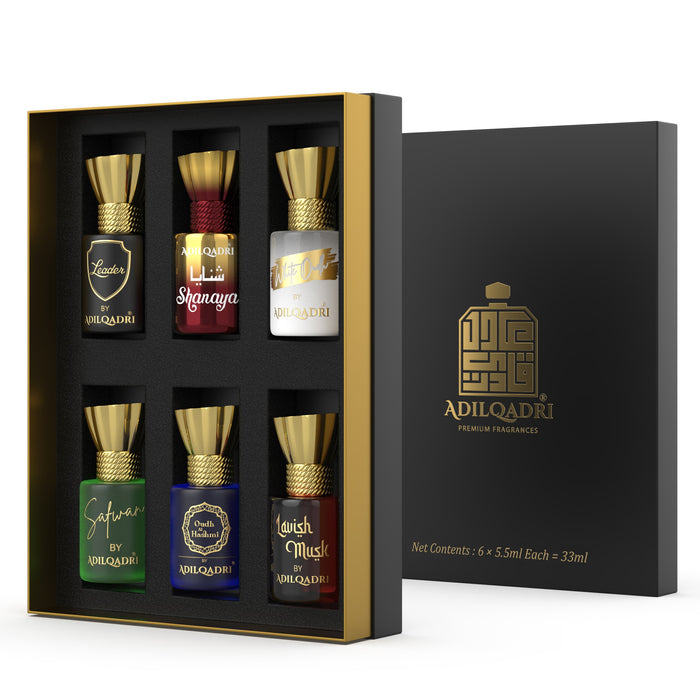 ADILQADRI ASSORTED LUXURY ALCOHOL FREE LONG LASTING ROLL-ON ATTAR PERFUME GIFT SET FOR UNISEX 6ML 0.2 FL.OZ EACH X6