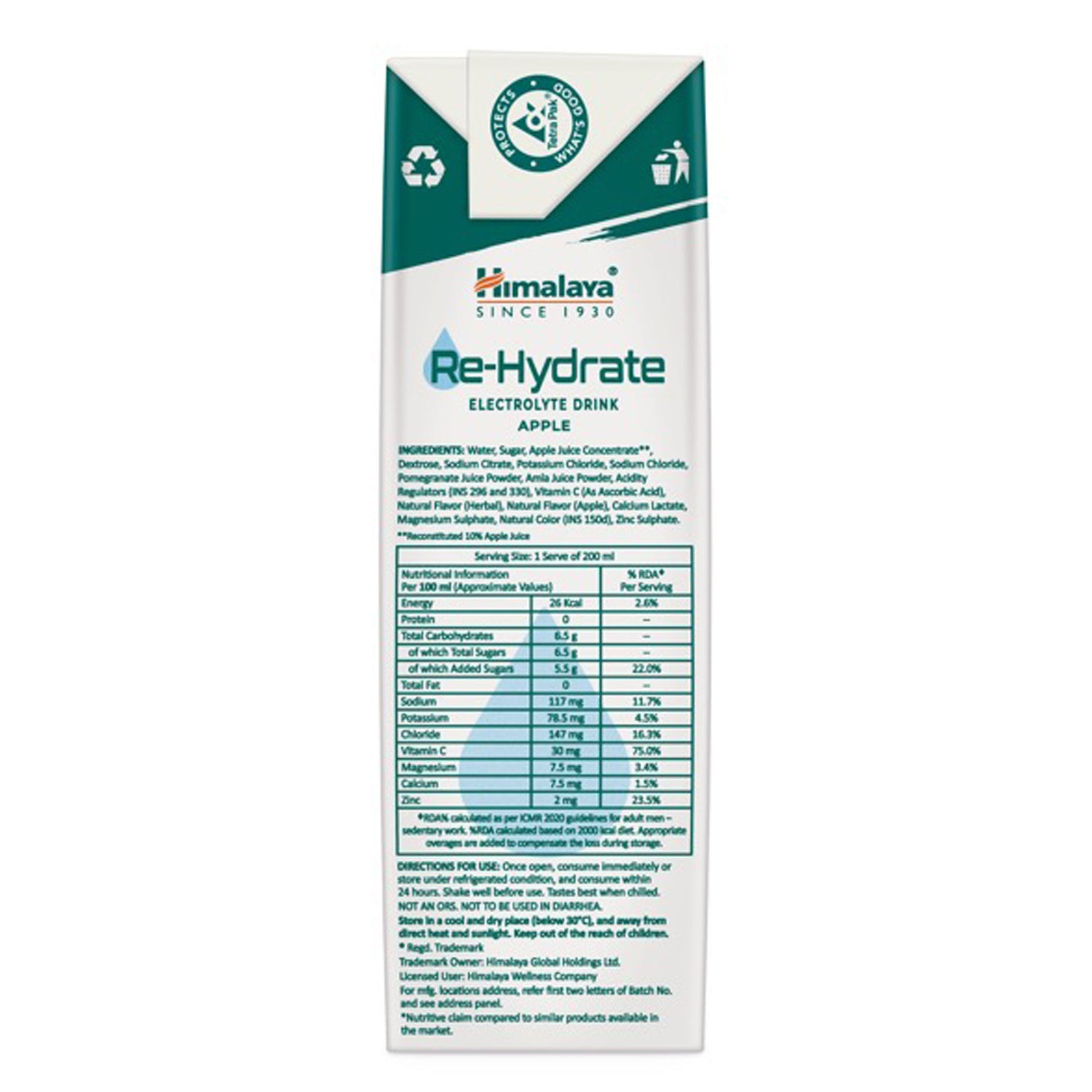 Himalaya Re-Hydrate Electrolyte Drink, For Instant Hydration & Energy | Apple Flavour, 200ml