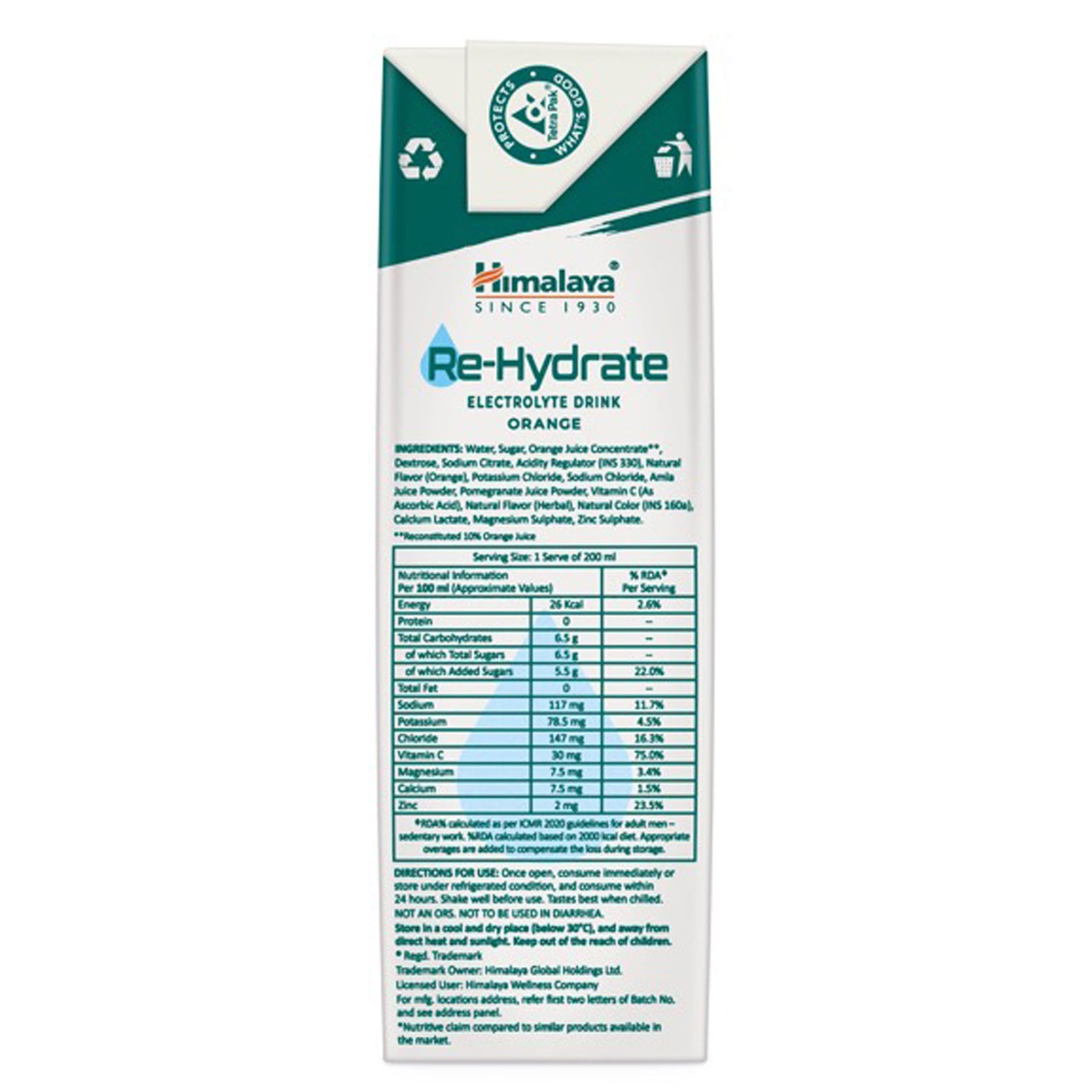 Himalaya Re-Hydrate Electrolyte Drink, For Instant Hydration & Energy | Orange Flavour, 200ml