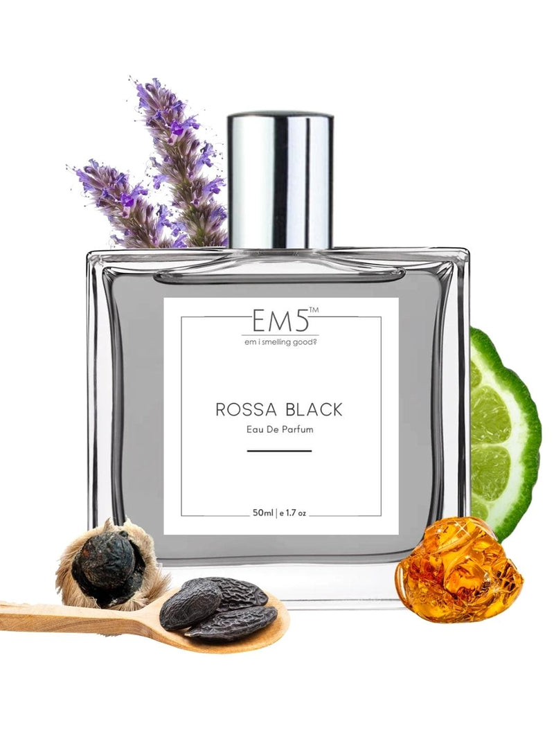 EM5 Rossa Black Perfume For Men | Eau De Parfum 50 Ml 1.7 Fl.oz. | Strong And Long Lasting Spray | Amber Musky Warm Spicy Fragrance | Luxury Gift For Him