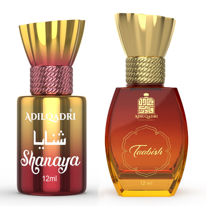 ADILQADRI SHANAYA & TAABISH ATTAR COMBO | ARABIC FRENCH BLEND & ARABIC SCENT | LONG LASTING NON-ALCOHOL ROLL-ON ATTAR FOR MEN & WOMEN 12ML 0.4 FL.OZ. EACH PACK OF 2