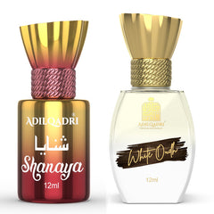 ADILQADRI SHANAYA & WHITE OUDH ATTAR COMBO | ARABIC FRENCH & STRONG MASCULINE SCENT | LONG LASTING ALCOHOL-FREE ROLL-ON ATTAR FOR MEN & WOMEN |12ML 0.4 FL.OZ. EACH PACK OF 2