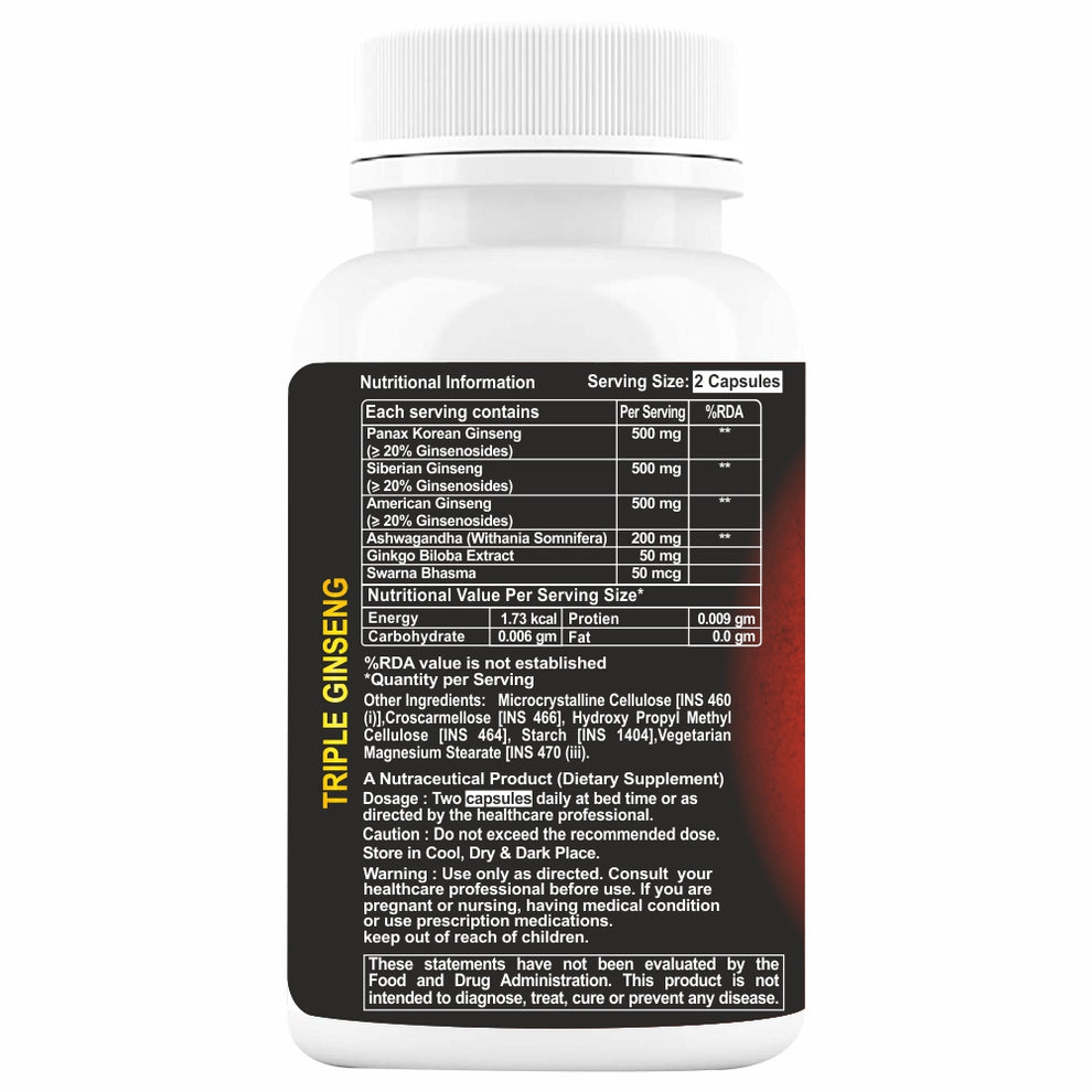 Hxn Ginseng Tablets For Men, Triple Strength With Panax Korean Red Ginseng+ As Dietary Supplement, Ginseng Powder Root Extract With Ginkgo Biloba Leaf | 60 Tablets 100gm 0.2lbs