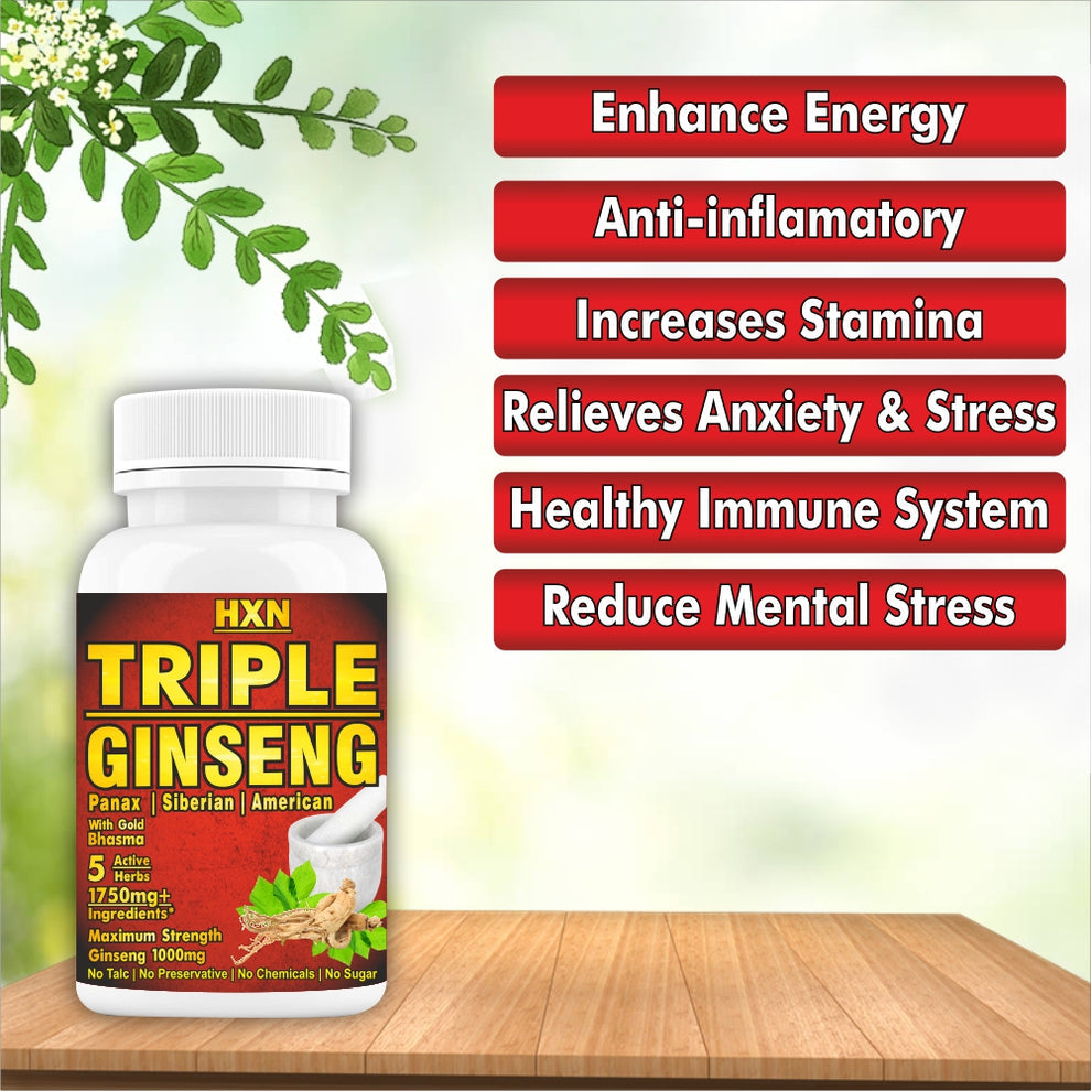 Hxn Ginseng Tablets For Men, Triple Strength With Panax Korean Red Ginseng+ As Dietary Supplement, Ginseng Powder Root Extract With Ginkgo Biloba Leaf | 60 Tablets 100gm 0.2lbs