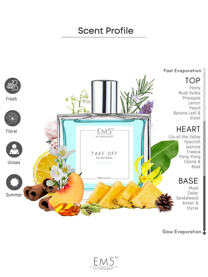 EM5 Take Off Unisex Eau De Parfum 50 Ml 1.7 Fl.oz. | Strong & Long Lasting | Floral Fresh Fruity | Luxury Gift For Men & Women