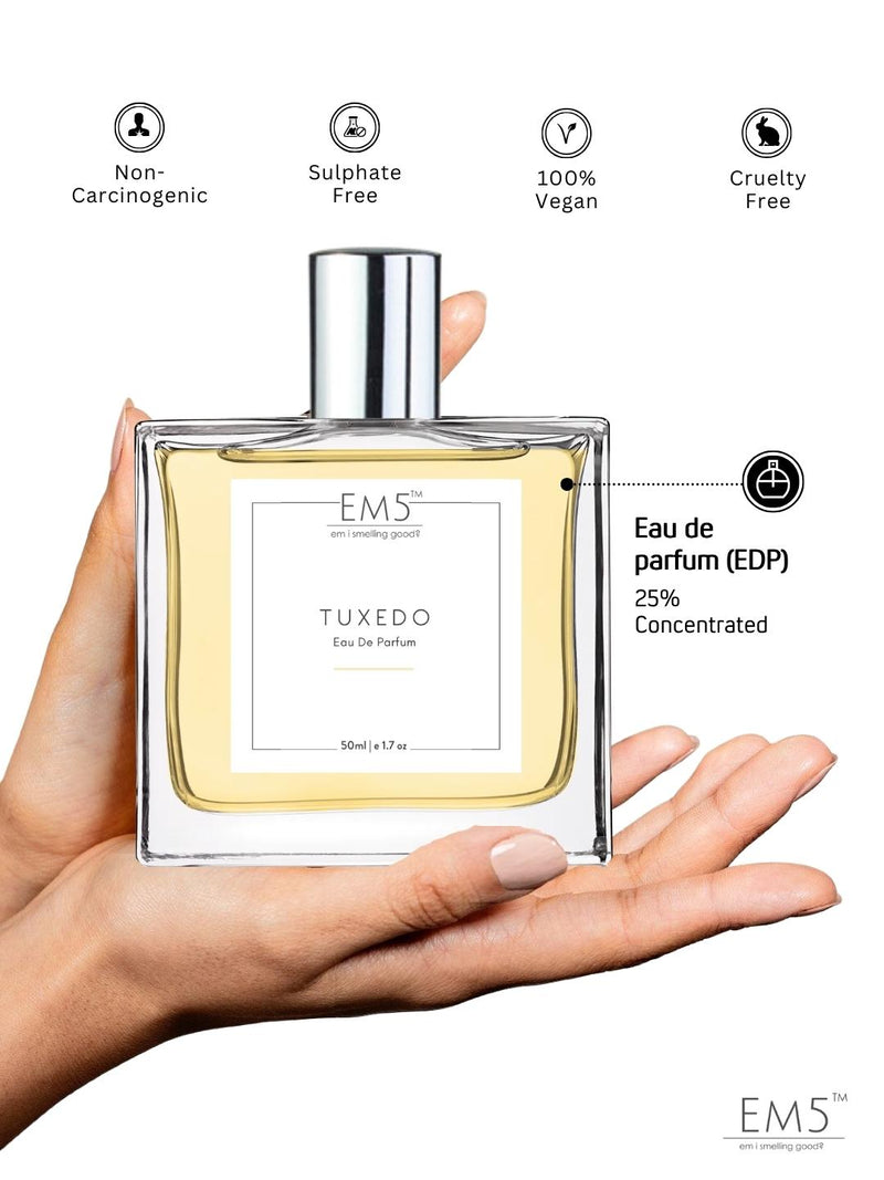 EM5 Tuxedo Unisex Perfume 1.7 Fl.oz. | Patchouli Amber Fresh Spicy Accords | Eau De Parfum Spray For Men & Women | Strong & Long Lasting Fragrance | Luxury Gift For Him & Her