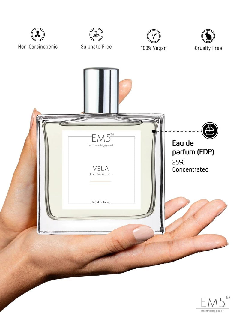 EM5 Vela EDP Perfume For Women 50 Ml 1.7 Fl.oz. | Strong & Long Lasting | Citrus Patchouli Woody | Luxury Gift For Women