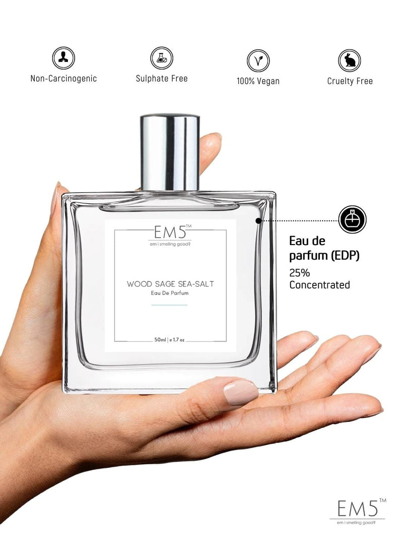 EM5 Wood Sage Sea Salt Unisex Eau De Parfum 1.7 Fl.oz. | Spray For Men & Women | Strong And Long Lasting Fragrance | Aromatic Musky Marine | Luxury Gift For Men / Women