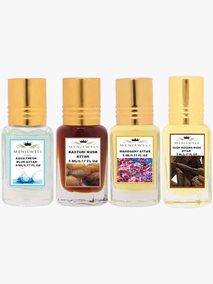 Menjewell Aqua Fresh+ Kasturi Musk+ Mahogany+ Oudh Wooden Musk Attar Perfume 5ml 0.1 Fl.oz. Each Pack Of 4 | Unisex Fragrance