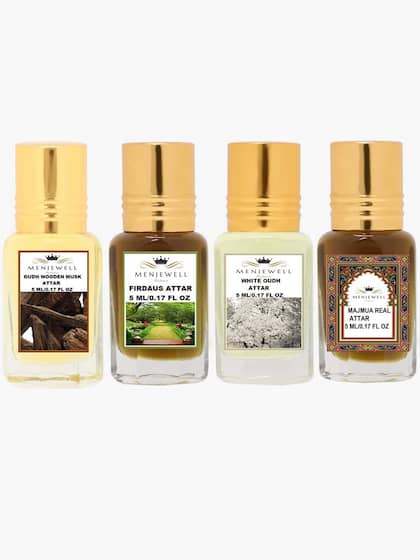 Menjewell Oudh Wooden Musk+ Firdaus+ White Oudh+ Majmua Real Attar Perfume 0.1 Fl.oz. Each Pack Of 2 Unisex Fragrance | Long Lasting