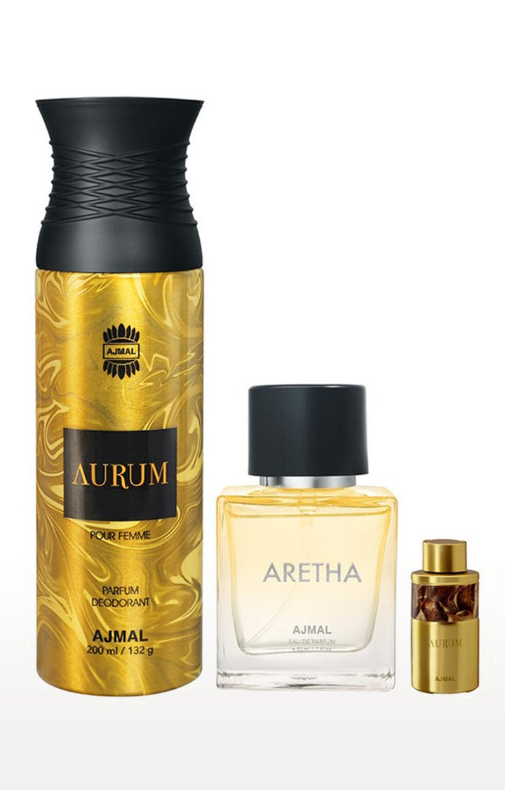 Ajmal Aurum Concentrated Perfume 10ml 0.3 Fl.oz. + Aurum Deodrant 200ml 6.7 Fl.oz.   + Aretha Eau De Parfum 50ml 1.6 Fl.oz. | For Unisex Combo Of 3