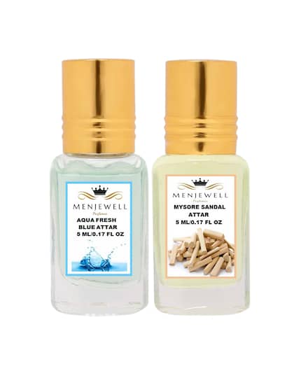 Menjewell Aqua Fresh Blue + Mysore Sandal Attar Perfume 5ml 0.17 Fl.oz. Each Pack Of 2 | Unisex Fragrance | Long Lasting