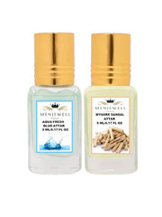 Menjewell Aqua Fresh Blue + Mysore Sandal Attar Perfume 5ml 0.17 Fl.oz. Each Pack Of 2 | Unisex Fragrance | Long Lasting