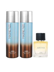 Ajmal Magnetize Deodorant 200ml 6.7 Fl.oz. Each  Pack Of 2 Gift  Aretha Eau De Parfum 50ml 1.6 Fl.oz. For Men & Women | Combo Of 3