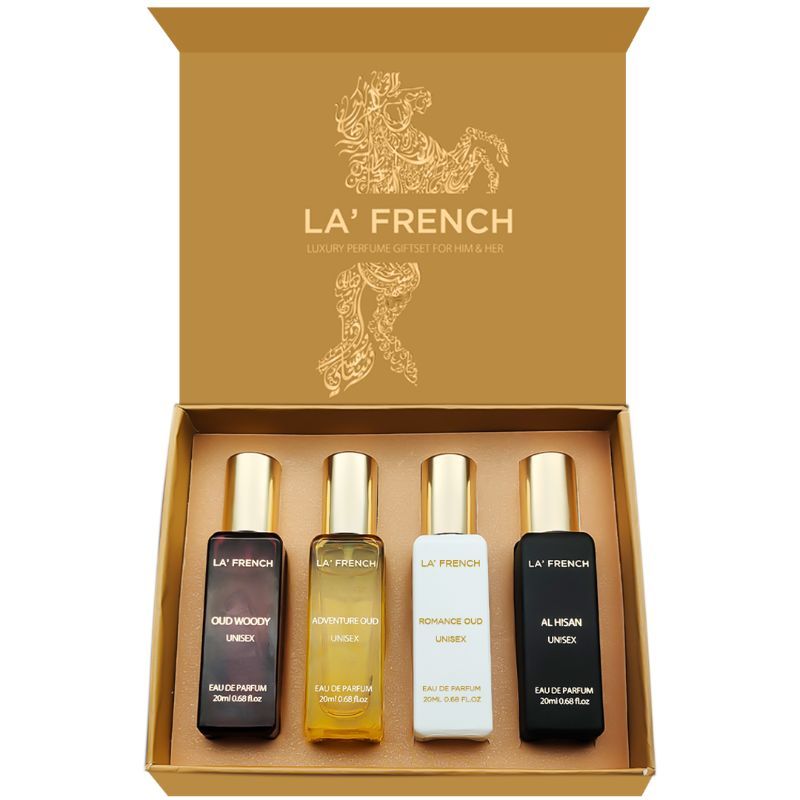 La French Al Hisan, Woody Oud, Adventure Oud & Romance Oud Perfume Gift Set 20ml 0.6 Fl.oz. Each Pack Of 4