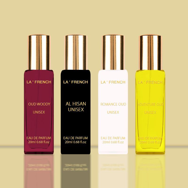 La French Al Hisan, Woody Oud, Adventure Oud & Romance Oud Perfume Gift Set 20ml 0.6 Fl.oz. Each Pack Of 4