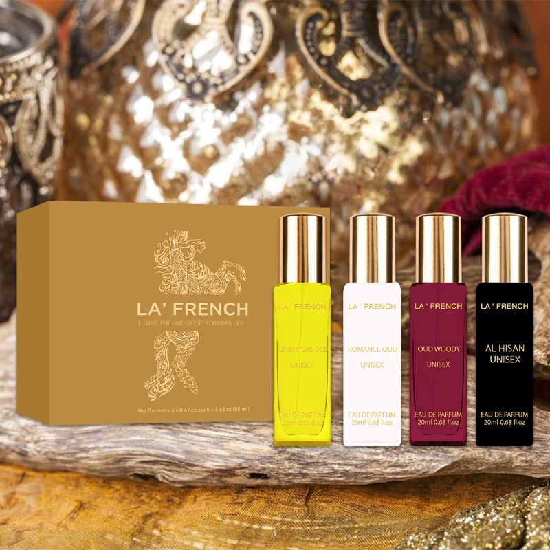 La French Al Hisan, Woody Oud, Adventure Oud & Romance Oud Perfume Gift Set 20ml 0.6 Fl.oz. Each Pack Of 4