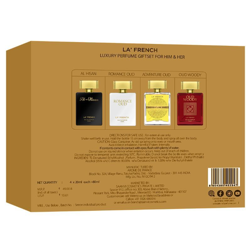 La French Al Hisan, Woody Oud, Adventure Oud & Romance Oud Perfume Gift Set 20ml 0.6 Fl.oz. Each Pack Of 4