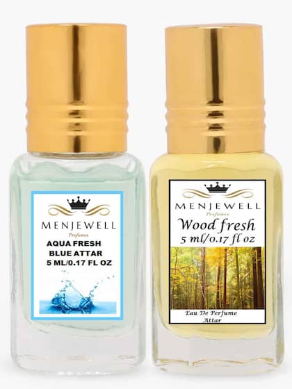 Menjewell Aqua Fresh Blue Attar + Wood Fresh Eau De Perfume Attar 5ml 0.17 Fl.oz. Each Pack Of 2 | Unisex Fragrance | Long Lasting