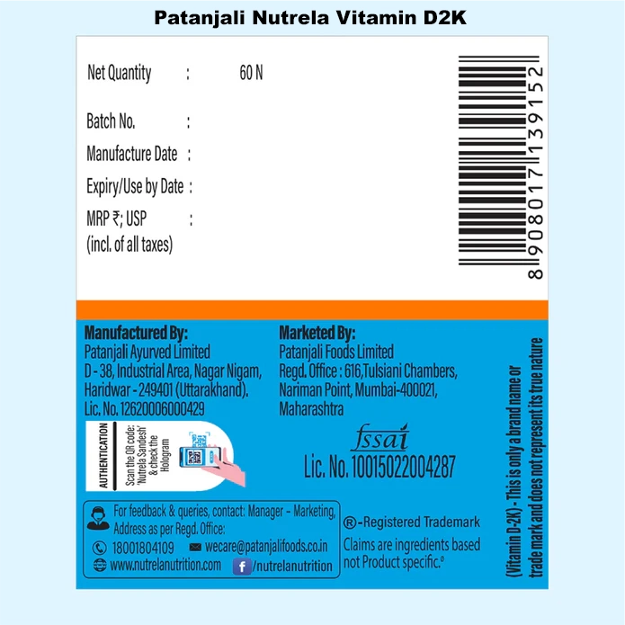 Patanjali Combo Patanjali Nutrela Vitamin D2k, B12 (60n+30),18.5gm