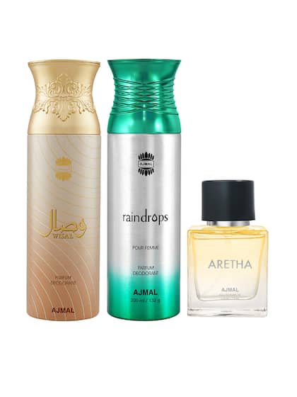 Ajmal Raindrops & Wisal Perfume Deodorant 200ml 6.7 Fl.oz. Each X2 & Aretha Eau De Parfum 50ml 1.6 Fl.oz. | For Men & Women