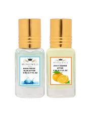 Menjewell Aqua Fresh Blue + Juicy Orange Attar Perfume 5ml 0.17 Fl.oz. Each Pack Of 2 | Unisex Fragrance | Long Lasting