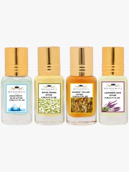 Menjewell Aqua Fresh Blue+ Royal Mogra+ Champa Yellow+ Lavender Love Attar 5ml 0.17 Fl.oz. Each Pack Of 4 | Long Lasting