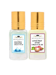 Menjewell Aqua Fresh Blue + Litchi Fruit Attar Perfume 5ml 0.17 Fl.oz. Each Pack Of 2 | Unisex Fragrance | Long Lasting