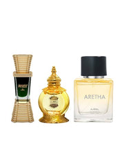 Ajmal Mukhallat Al Wafa Cp + Jannatul Firdaus Cp Attar 10ml 0.3 Fl.oz. Each X2 + Aretha Eau De Parfum 50ml 1.6 Fl.oz. | Combo Of 3 For Unisex