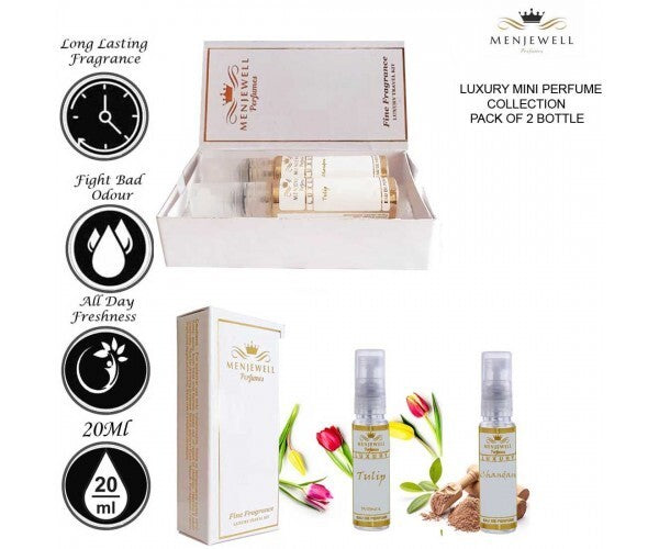 Menjewell Chandan + Tulip Eau De Parfum 10ml 0.3 Fl.oz. Each Pack Of 2 | Pocket Perfume Gift Set For Men & Women