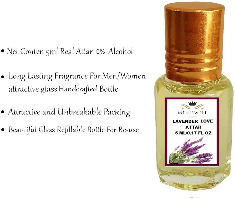 Menjewell Lavender Love + Raat Ki Rani + Rose Fresh Eau De Perfume Attar 5ml 0.17 Fl.oz. Each Pack Of 3 | Unisex Fragrance | Long Lasting