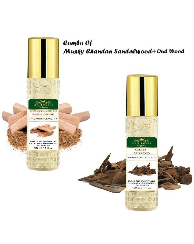 Menjewell Musky Chandan Sandalwood + Oud Wood Eau De Parfum 120ml 4.0 Fl.oz. Each Pack Of 2 | Long Lasting | Masculine Fragrance