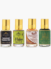 Menjewell Sandalwood Chandan+ Al-Bakhoor+ Chocolate+ Jannat-Ul-Firdaus Attar Perfume 5ml 0.17 Fl.oz. Each Pack Of 4 | Unisex Luxury Fragrance | Long Lasting | Non Alcoholic