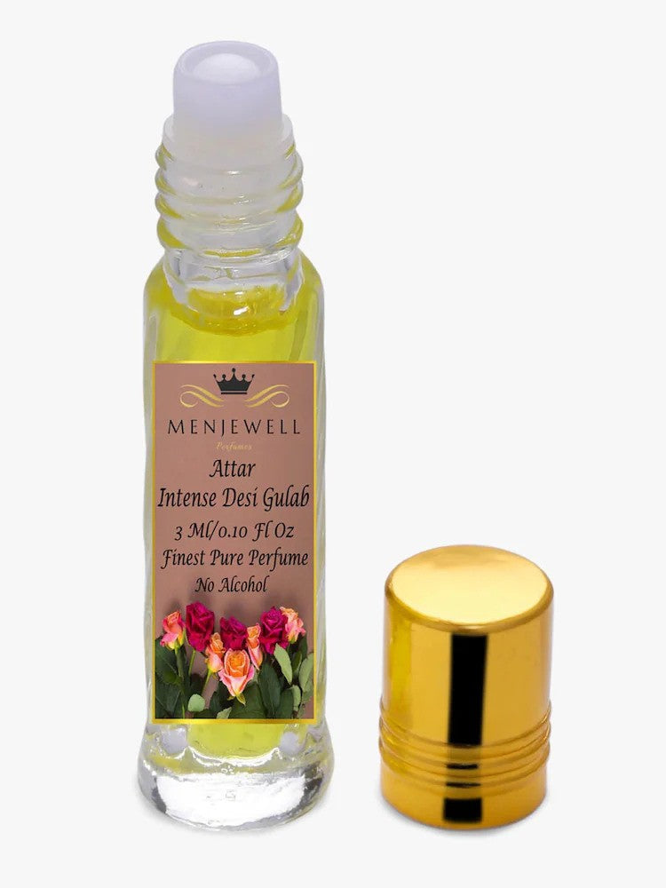 Menjewell Intense Desi Gulab Attar Perfume 3ml 0.1 Fl.oz. Unisex Fragrance | Long Lasting | Alcohol Free