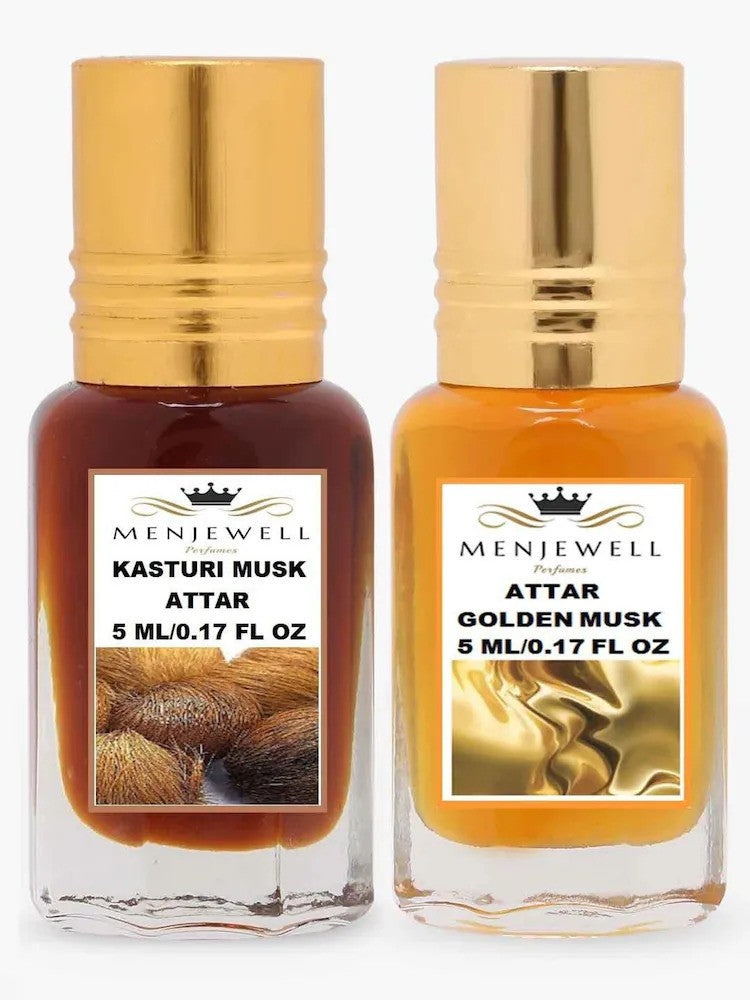 Menjewell Kasturi Musk + Golden Musk Attar Perfume 5ml 0.17 Fl.oz. Each Pack Of 2 | Unisex Fragrance | Alcohol Free