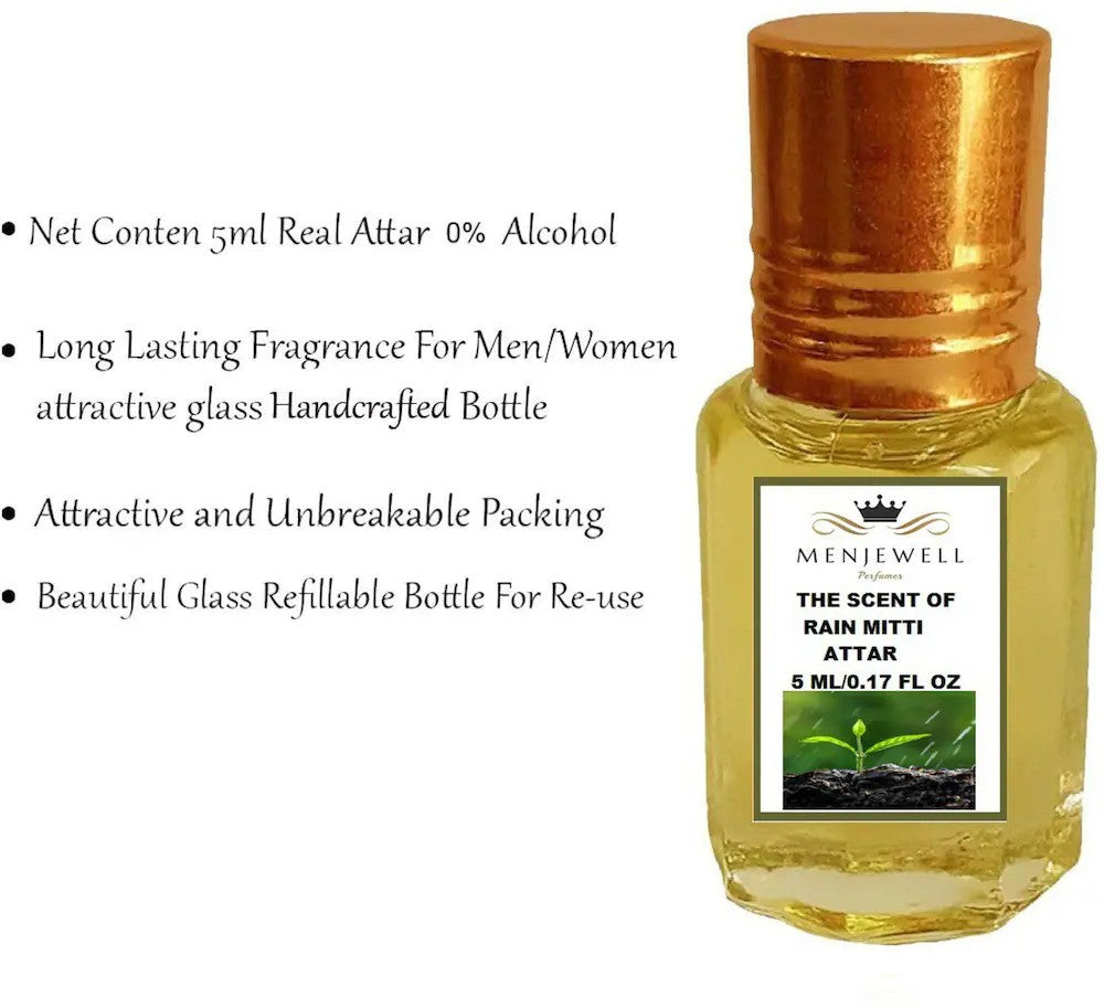 Menjewell The Scent Of Rain Mitti Attar Perfume 5ml 0.17 Fl.oz. Finest Pure Perfume | Long Lasting