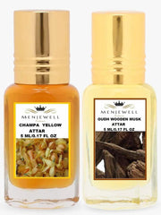 Menjewell Champa Yellow + Oudh Wooden Musk Attar Perfume 5ml 0.17 Fl.oz. Each Pack Of 2 | Unisex Fragrance | Alcohol Free