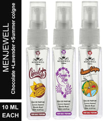 Menjewell Chocolate + Lavender Love + Summer Cologne Eau De Parfum 10ml 0.3 Fl.oz. Each Pack Of 3 Women Fragrance | Long Lasting | Luxury Fragrance