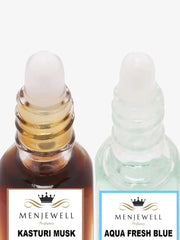 Menjewell Aqua Fresh Blue + Kasturi Musk Attar Perfume 5ml 0.17 Fl.oz. Each Pack Of 2 | Unisex Fragrance | Long Lasting