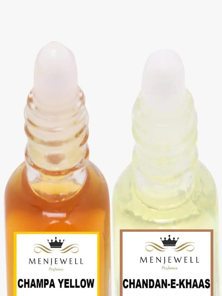 Menjewell Champa Yellow & Chandan-E-Khaas Attar Perfume 5ml 0.17 Fl.oz. Each Pack Of 2 Unisex Fragrance | Long Lasting | Alcohol Free