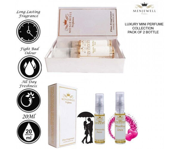 Menjewell Musky Love + Romantic Rains Eau De Parfum 10ml 0.3 Fl.oz. Each Pack Of 2 | Pocket Perfume Gift Set For Men & Women