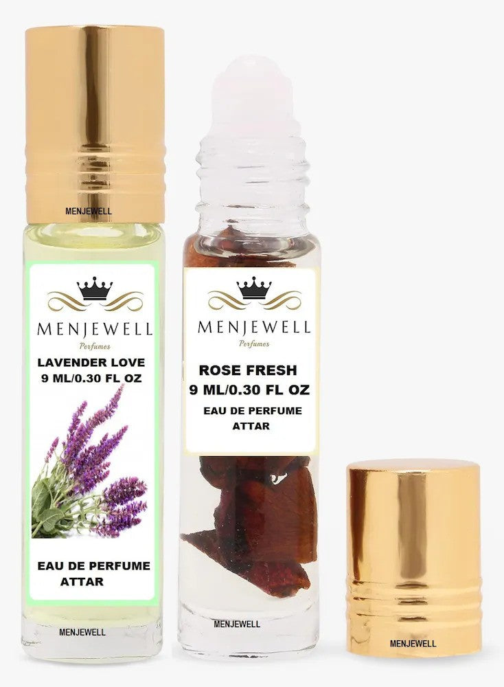 Menjewell Rose Fresh + Lavender Love Eau De Perfume Attar 9ml 0.3 Fl.oz. Each Pack Of 2 | Unisex Fragrance | Long Lasting