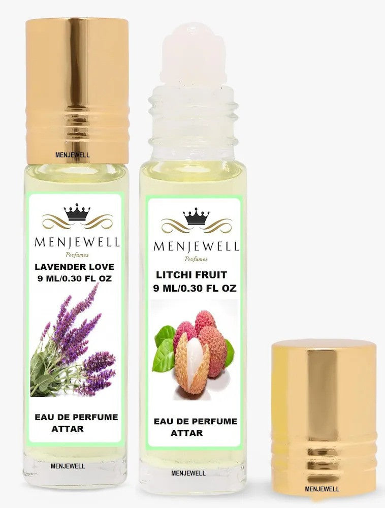 Menjewell Litchi Fruit + Lavender Love Eau De Perfume Attar 9ml 0.3 Fl.oz. Each Pack Of 2 Unisex Fragrance | Long Lasting | Alcohol Free