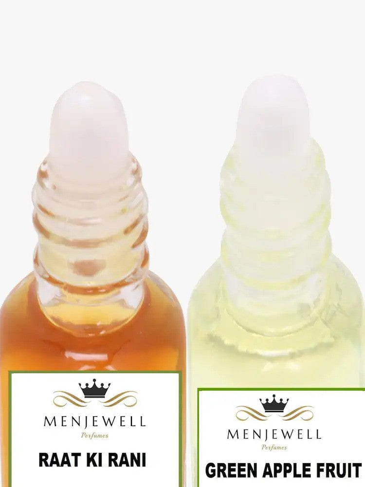 Menjewell Raat Ki Rani + Green Apple Fruit Attar Perfume 5ml 0.17 Fl.oz. Each Pack Of 2 Unisex Fragrance | Finest Pure Perfume | No Alcohol