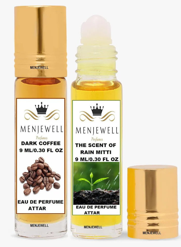 Menjewell Dark Coffee + The Scent Of Rain Mitti Eau De Perfume Attar 9ml 0.3 Fl.oz. Each Pack Of 2 | Unisex Luxury Fragrance | Long Lasting | Non Alcoholic