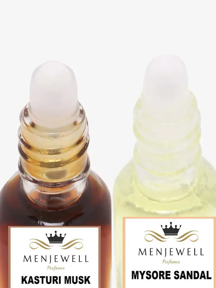 Menjewell Kasturi Musk + Mysore Sandal Attar 5ml 0.17 Fl.oz. Each Pack Of 2 Unisex Fragrance | Long Lasting | Luxury Fragrance